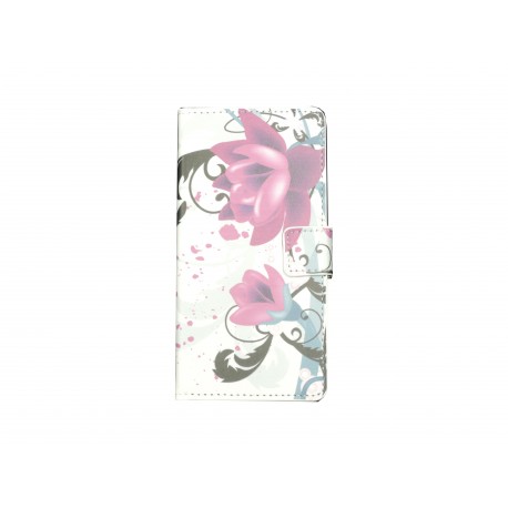 Pochette pour Wiko Highway fleurs roses et grises + film protection écran