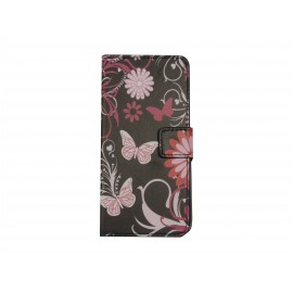 Pochette pour Wiko Getaway noire papillons roses + film protection écran