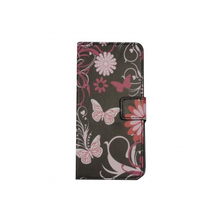 Pochette pour Wiko Wax noire papillons roses + film protection écran