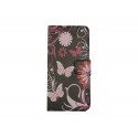 Pochette pour Wiko Wax noire papillons roses + film protection écran