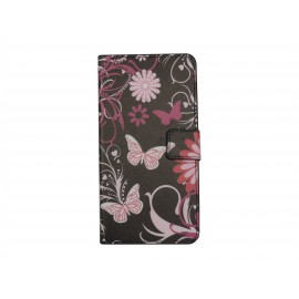 Pochette pour Wiko Lenny noire papillons roses+ film protection écran