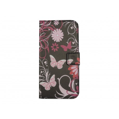 Pochette pour Wiko Barry noire papillons roses + film protection écran