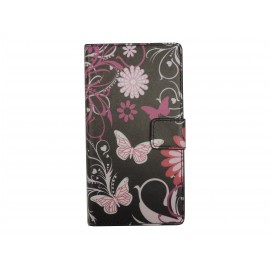 Pochette pour Wiko Darkmoon noire papillons roses+ film protection écran
