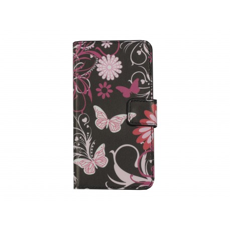 Pochette pour Samsung A3 noire papillons roses + film protection écran
