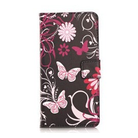 Pochette pour Wiko Rainbow noire papillons roses+ film protection écran