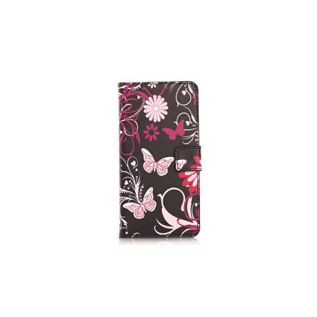 Pochette pour Wiko Rainbow noire papillons roses+ film protection écran