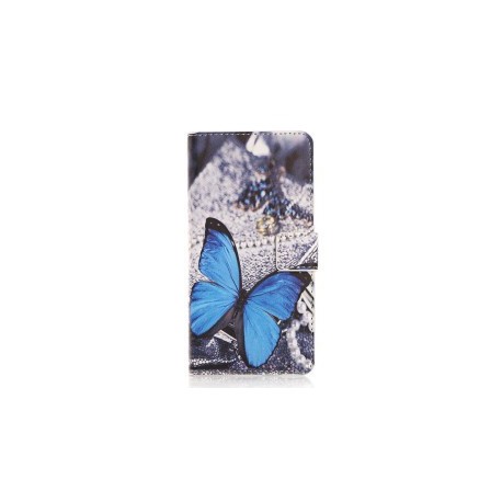 Pochette pour HTC One M9 papillon bleu + film protection écran